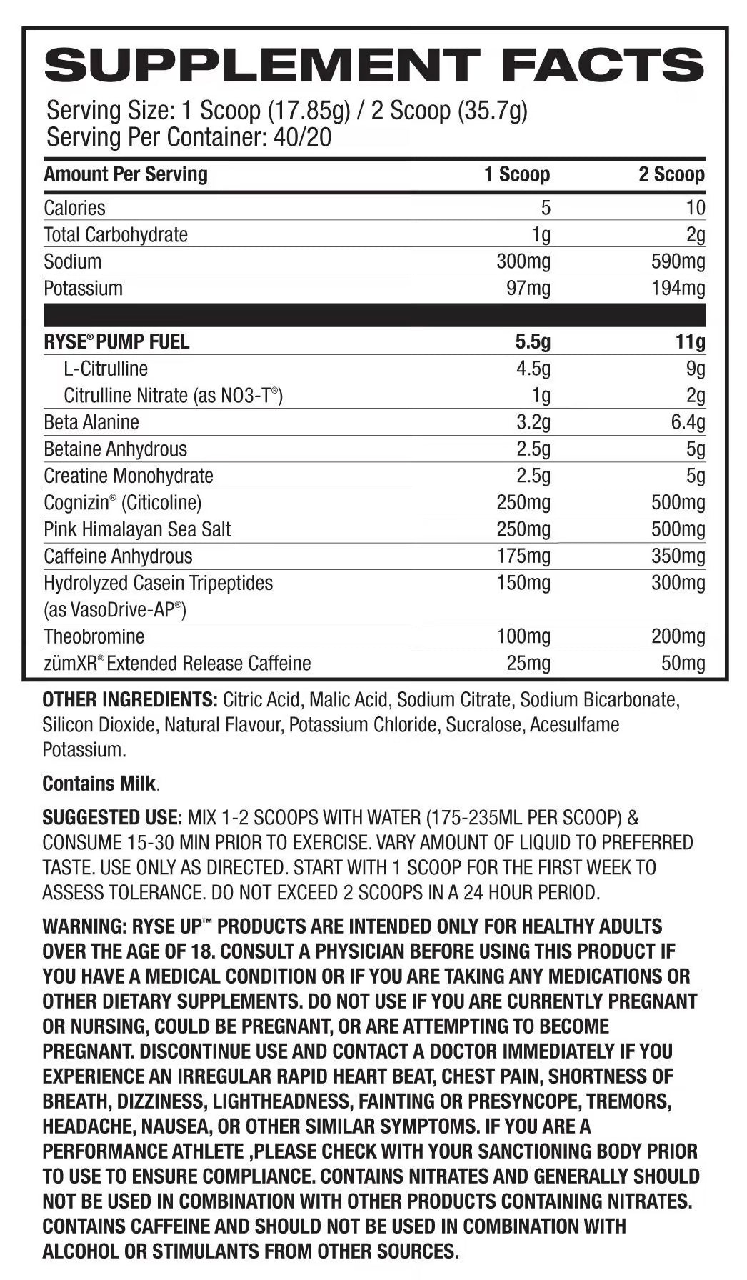 Ryse Godzilla Pre-Workout nutrition information panel nutrition panel