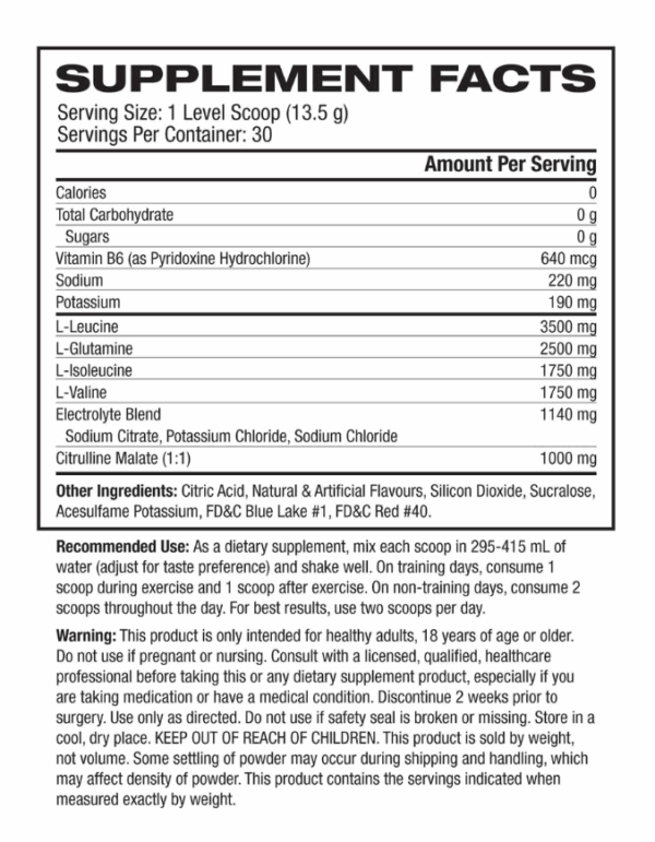 Scivation Xtend BCAAs nutrition information panel nutrition panel