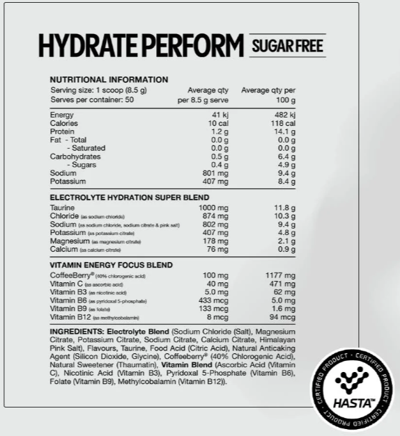 Switch Nutrition Hydrate Perform (Sugar Free) nutrition information panel nutrition panel