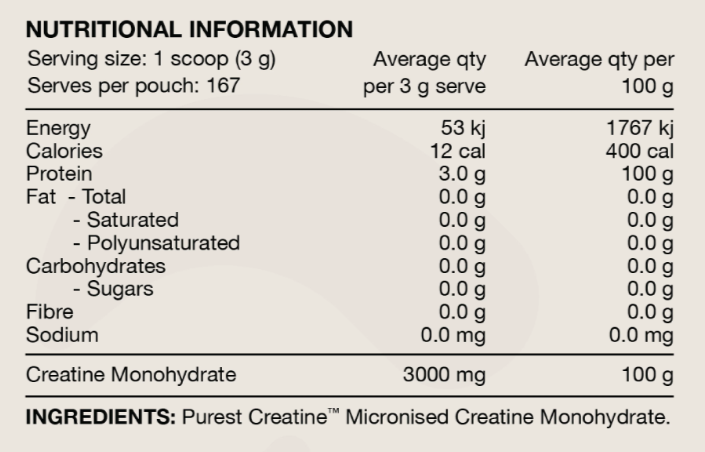 Switch Nutrition Purest Creatine Monohydrate nutrition information panel nutrition panel