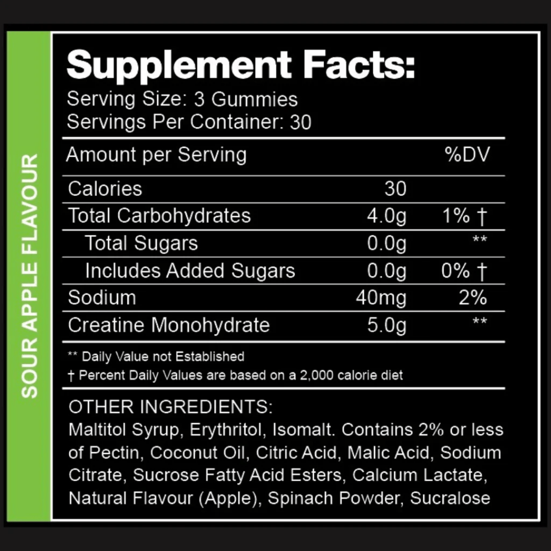 Swoleys Creatine Gummies Sour Apple nutrition panel, per 3 gummies nutrition panel