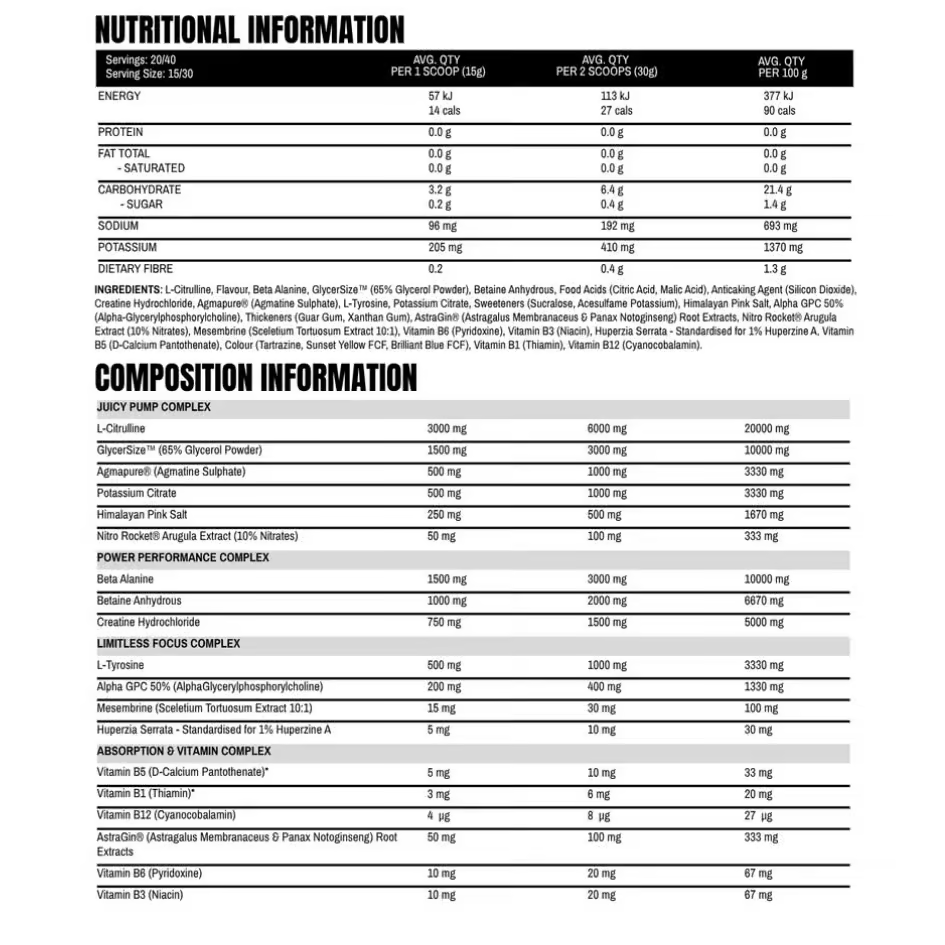 Transparent Supplements Pump Juice nutrition information panel nutrition panel