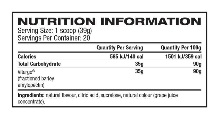 Vitargo nutrition information panel nutrition panel
