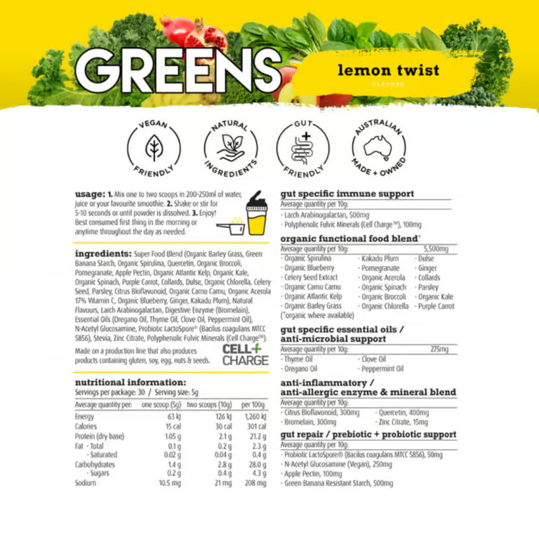 White Wolf Greens Gut Health and Immunity nutrition information panel nutrition panel