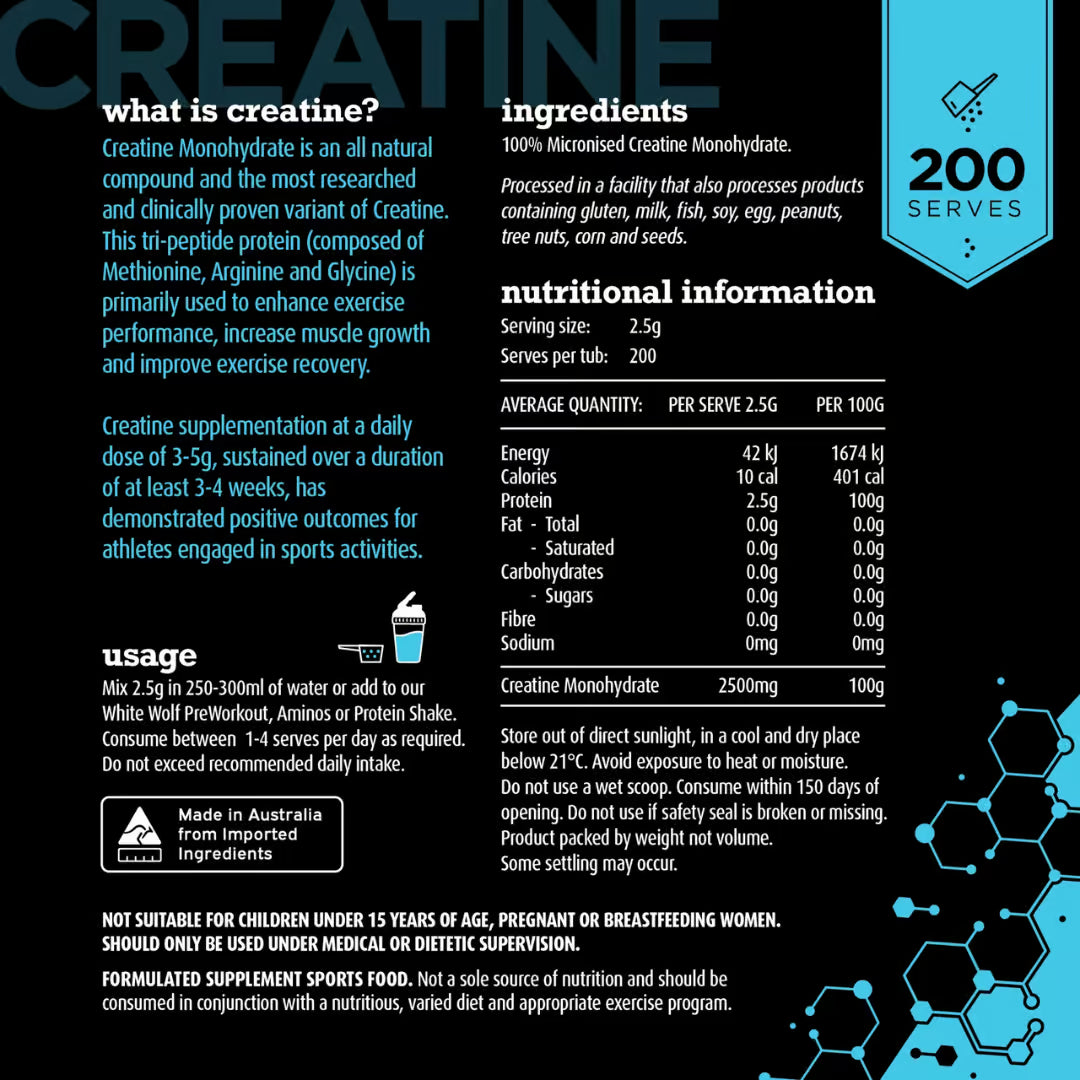 White Wolf Pure Creatine nutrition information panel nutrition panel