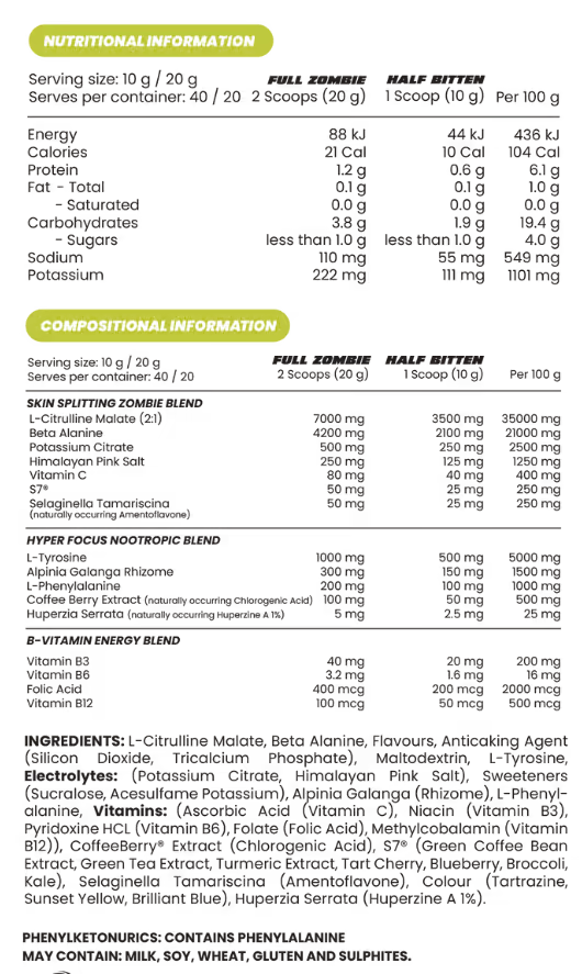 Zombie Labs Pumpz nutrition information panel nutrition panel