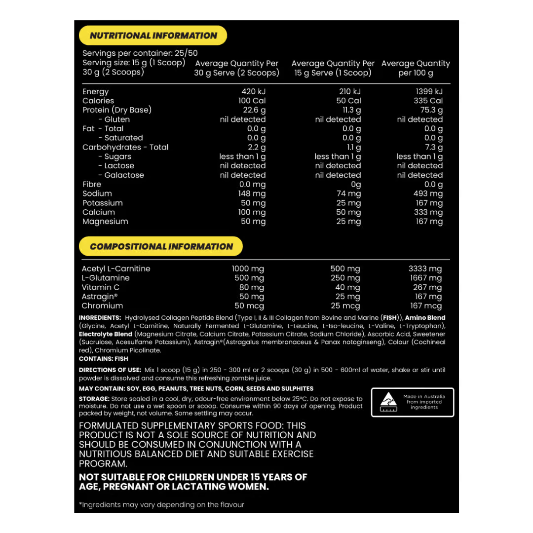 Zombie Labs Shredz Thermogenic Protein Water nutrition information panel nutrition panel