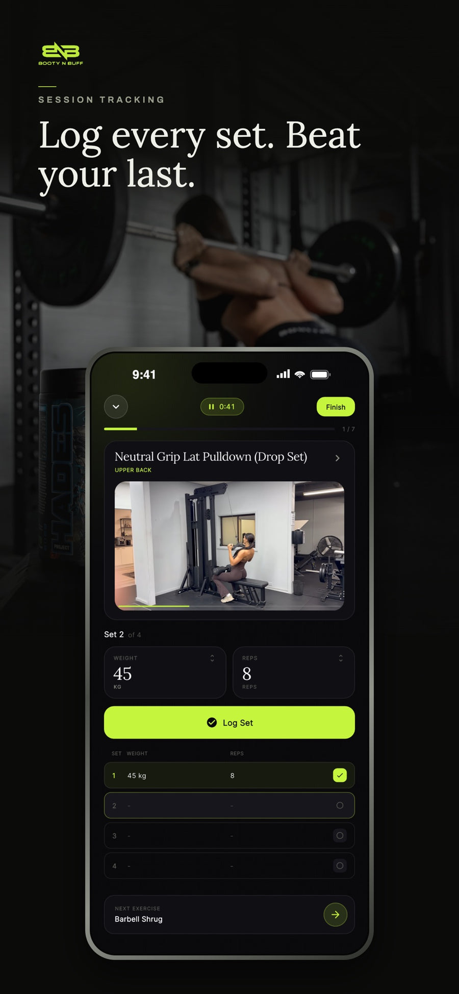 Booty N Buff app logging a set