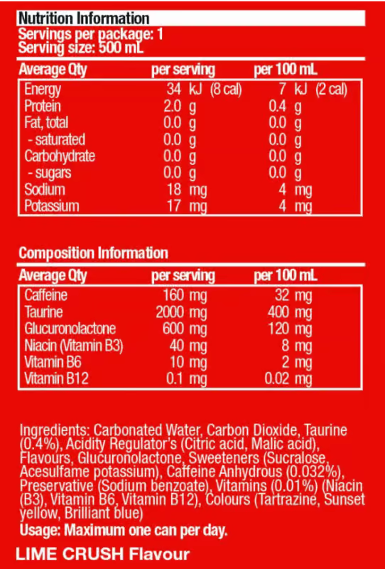 Body Science BSC Energy Can nutrition information panel nutrition panel