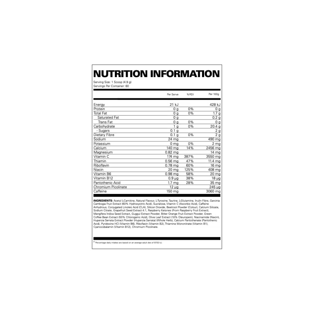 EHP Labs Oxyshred nutrition information panel nutrition panel