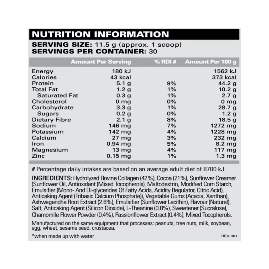 EHP Labs Oxysleep Collagen Night Time Shred Formula nutrition information panel nutrition panel