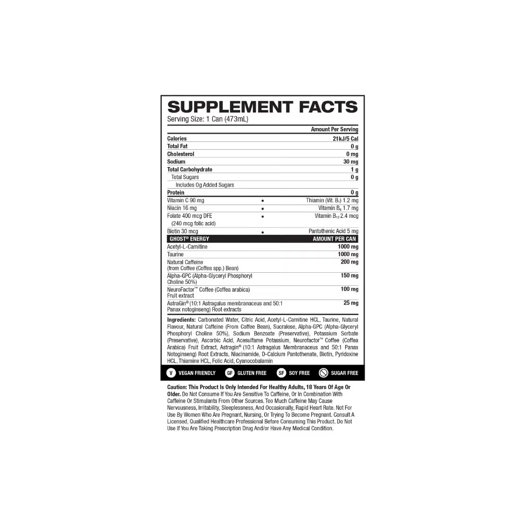 Ghost Energy Drink supplement facts panel (US 473 ml can) nutrition panel