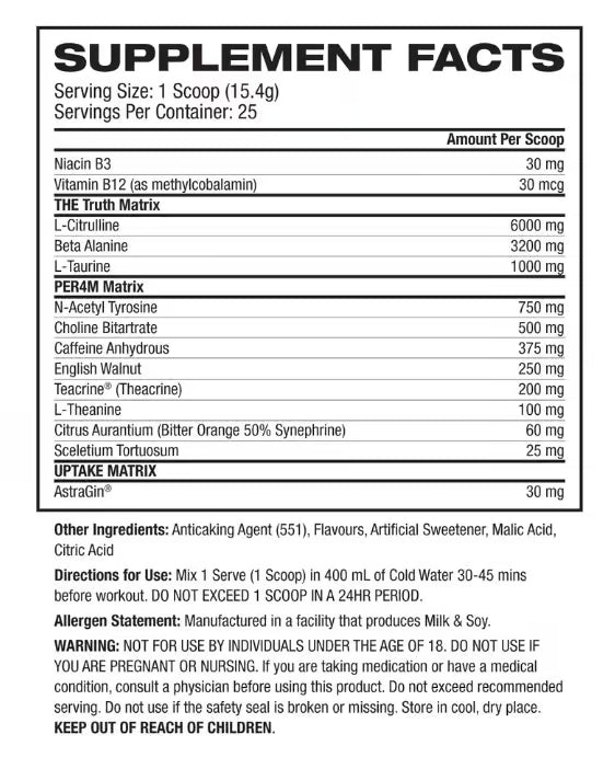 Inspired Nutraceuticals BBD (Big Black DVST8) nutrition information panel nutrition panel
