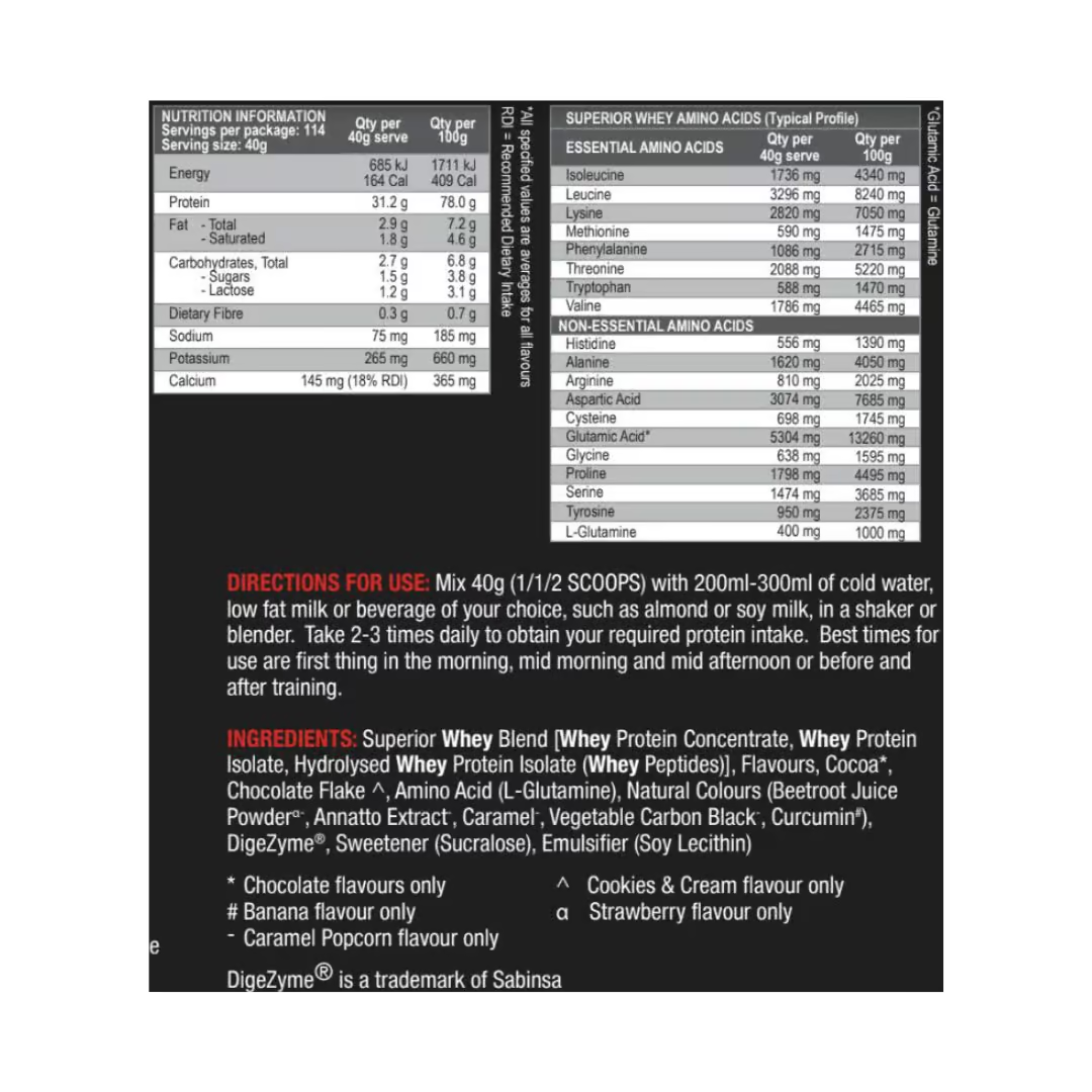 International Protein Superior Whey nutrition information panel nutrition panel