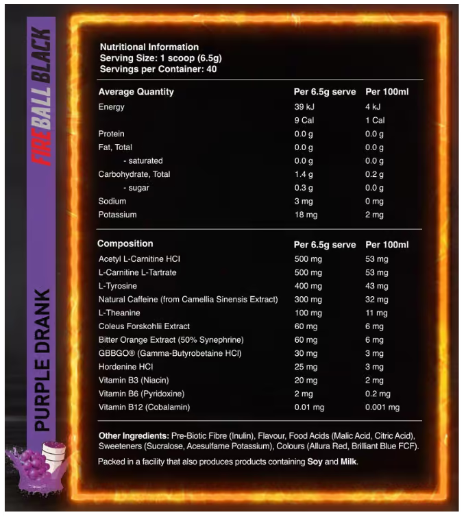Red Dragon Nutritionals Fireball Black nutrition information panel nutrition panel