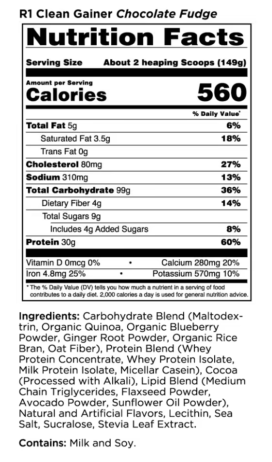R1 Clean Gainer nutrition information panel nutrition panel